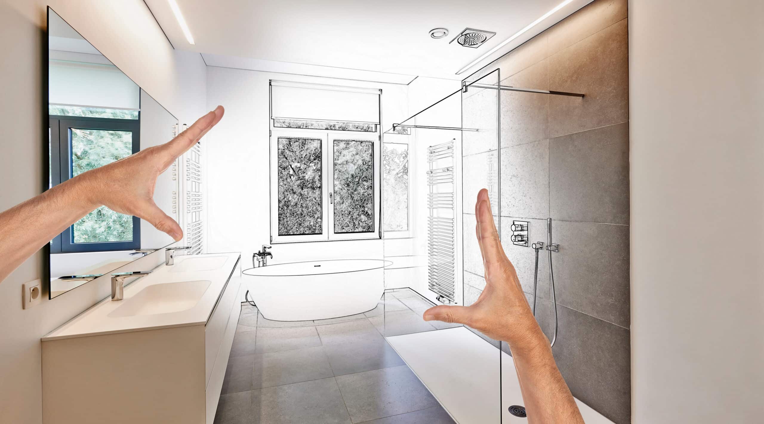 Auf diesem Bild ist eine Skizze für ein Badezimmer zu sehen,