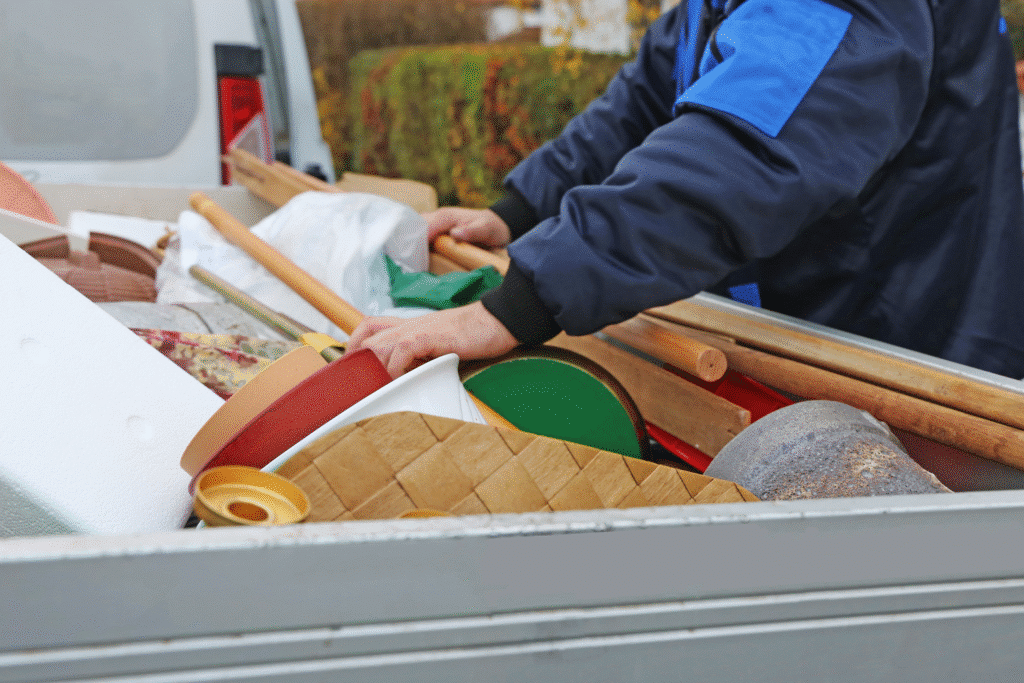 Auf diesem Bild ist ein Mensch zu sehen der vor einem beladenen Transporter steht. Es befindet sich Sperrmüll in dem Transportfahrzeug.